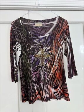 Women's Rhinestone Cross Scoop Neck Long Sleeve Top - Multicolor